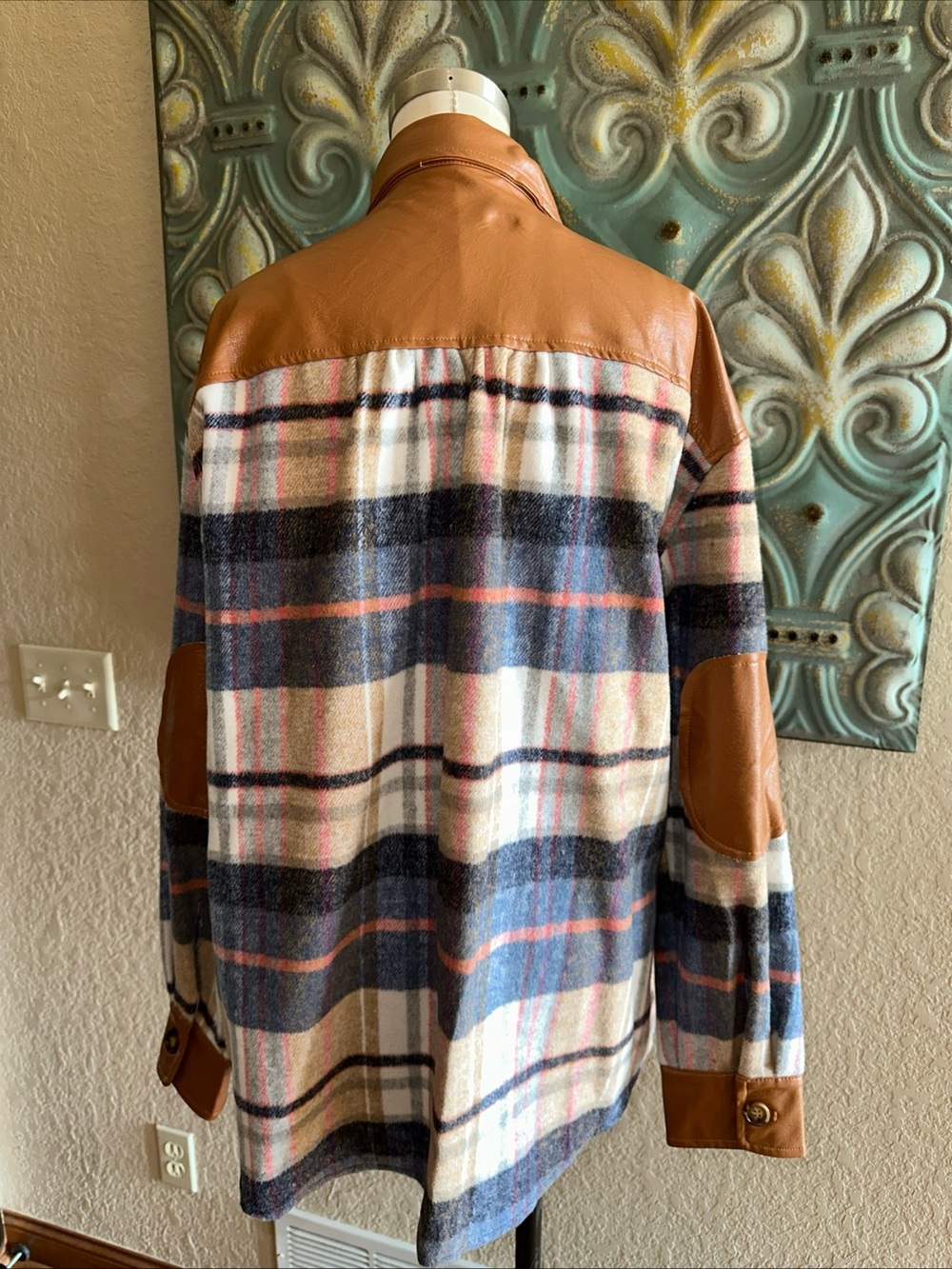 easel Brown Faux Leather Trim Plaid Jacket with Blue and Pink Accents - Picture 4 of 10